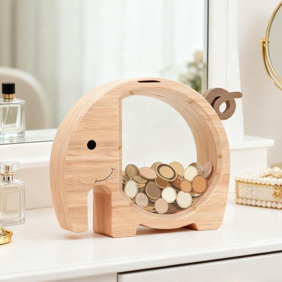 Wooden Elephant Piggy Bank Kids Coin Bank Savings Jar with Transparent Window Cute Unbreakable Money Box Birthday Gift for Boys Girls