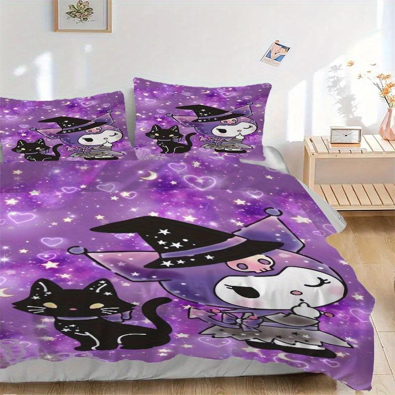 3pcs Witch Kuromi and Kitten Quilt Cover Set - Soft and Cozy Bedroom, Guest Room and Dorm Decorative Bedding 3-Piece Set 1 Quilt Cover + 2 Pillow 135x200cm