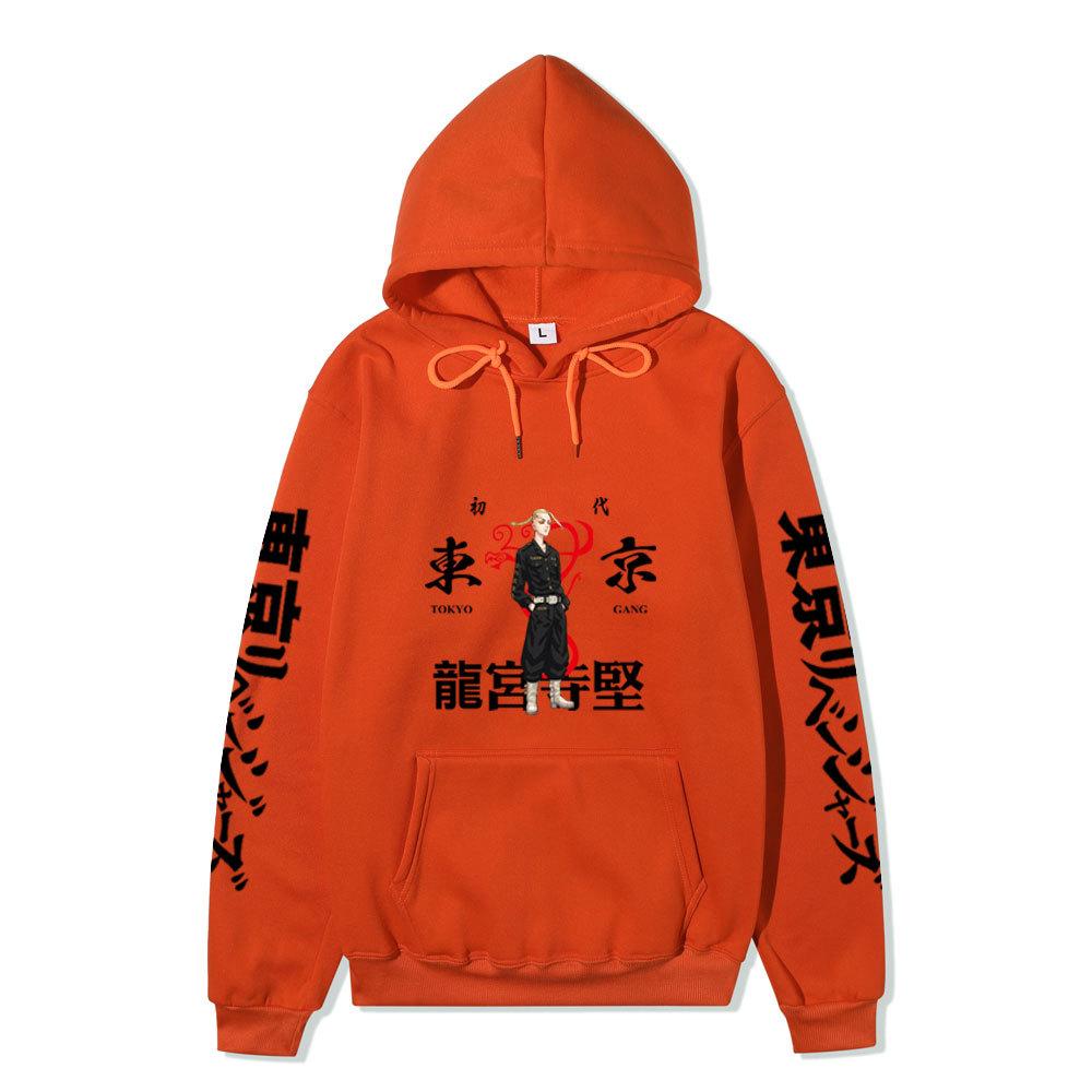 Tokyo Revengers Hoodie with Ryuguji Ken Print, Long Sleeve Pullover Sweatshirt, Anime Street Casual Unisex Sweatshirt with Japanese Text Sleeves