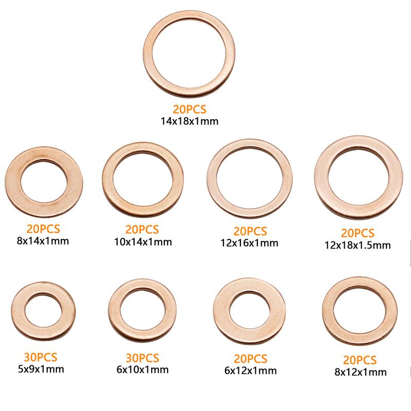 200 Pcs Copper Sealing Solid Gasket Washer Sump Plug Oil For Boat Crush Flat Seal Ring Tool Hardware M5/M6/M8/M10/M12/M14 Pack