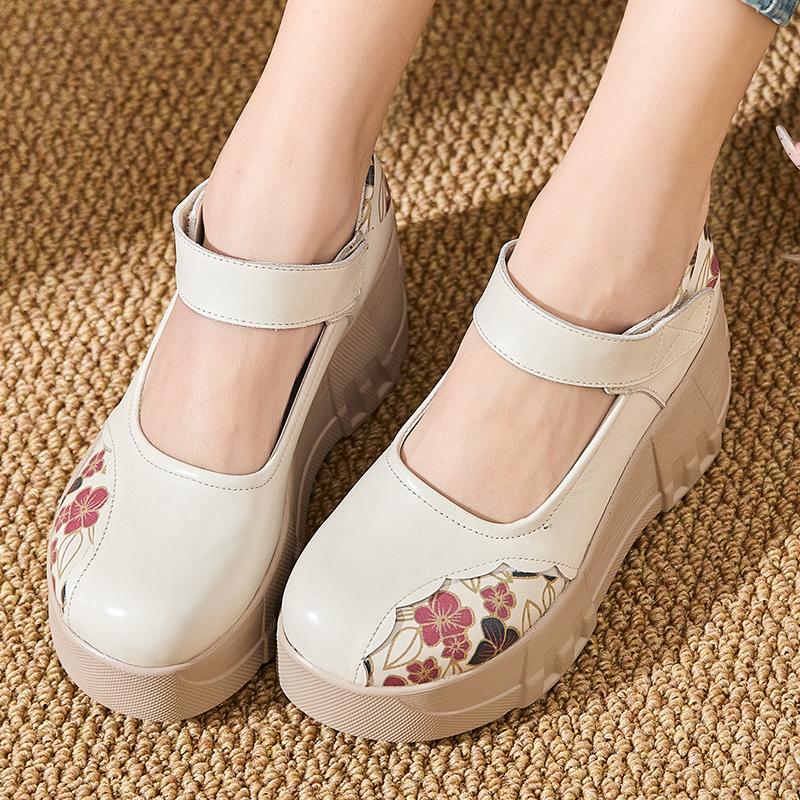 Fashion GKTINOO Thick Soled Heightening Pumps 2025 Spring New Genuine Leather Hook & Loop Versatile Retro Women's Platform Shoes
