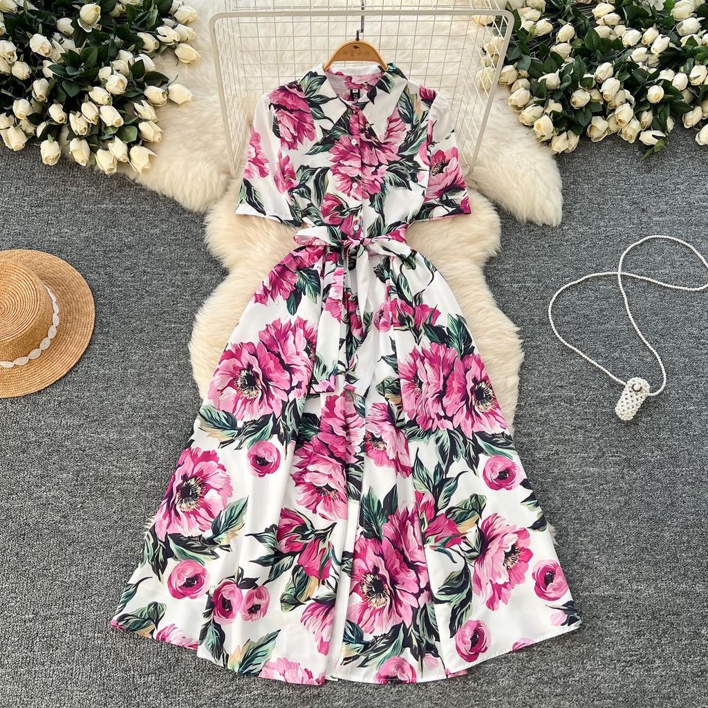 French Fashion Elegant Printed Dress Women's Summer Strap Waist Skinny Lapel Short Sleeve Shirt Long Dress
