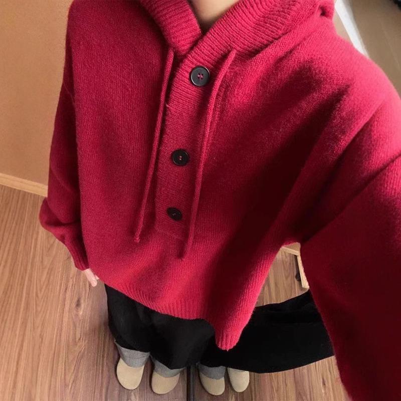 Autumn and Winter New Retro Hooded Knitted Sweater Women's Solid Color Casual Loose Lazy Wind Long Sleeve Pullover Sweater Thick