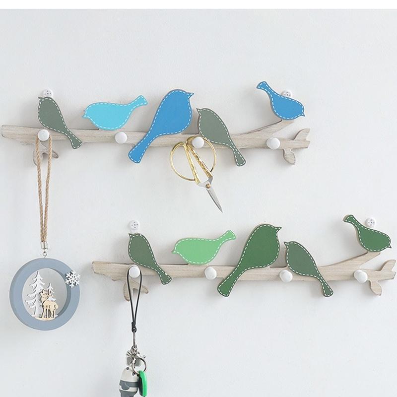 Creative Wooden Bird Coat Hook Wall Mount Shelf Hanging Entrance Coat Rack Home Decorative Holder