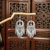 Ethnic Miao Silver Style Long Tassel Earrings with Ancient Scenic Stud Design for Women
