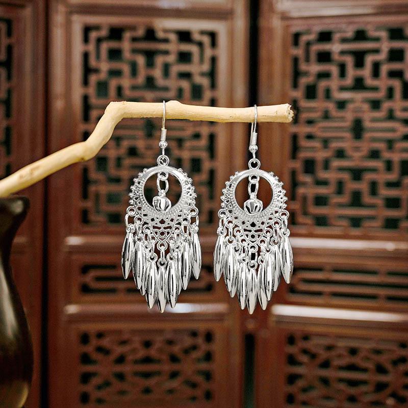 Ethnic Miao Silver Style Long Tassel Earrings with Ancient Scenic Stud Design for Women