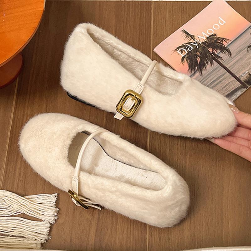Moda Eleganckie Zapinane Paskiem Futrzane Buty Mary Jane Damskie Wygodne Miękkie Puszyste Płaskie Damskie Pluszowe Mokasyny