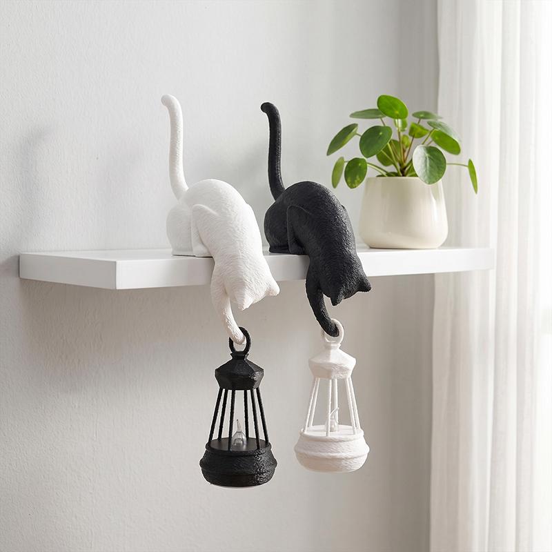 Gancio Scaffale Gatto Con Lanterna Statuetta Statua Ornamento Decorazione per Casa Camera da Letto Scrivania Luce Notturna