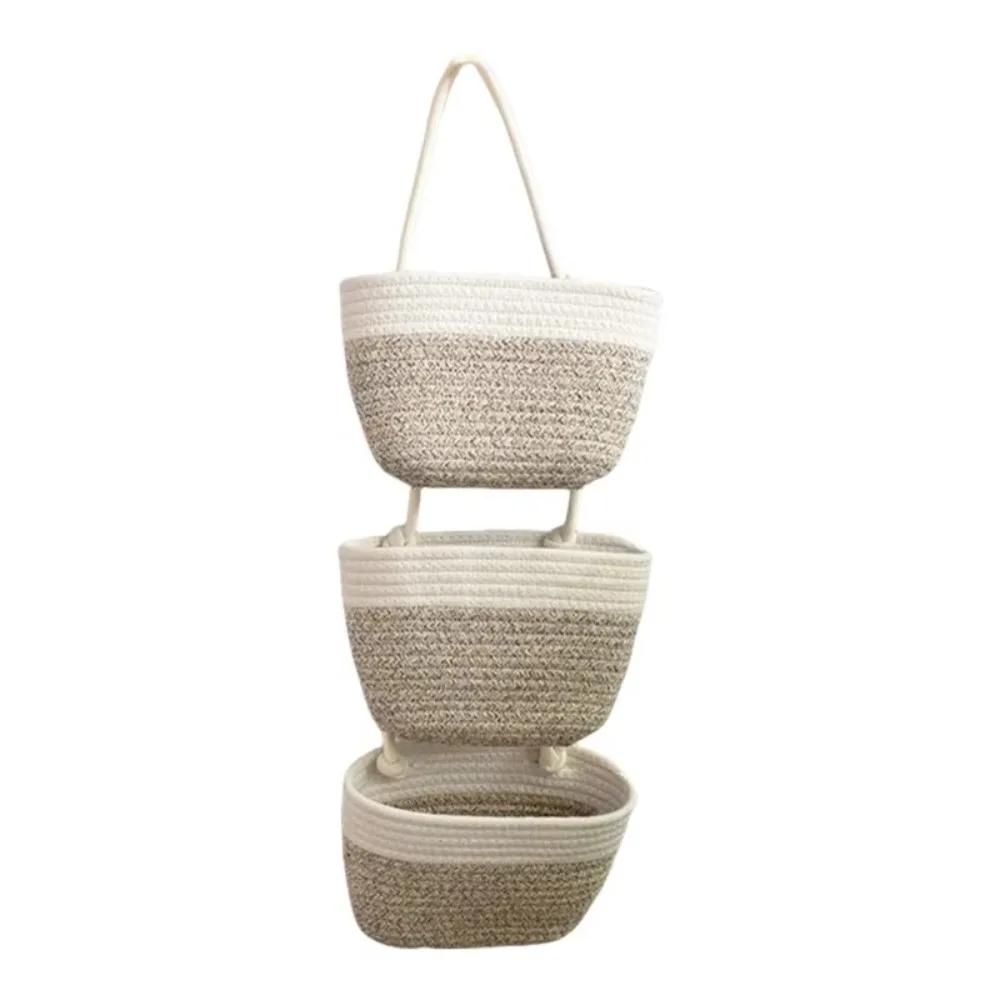 

3-Layer Wall Hanging Storage Basket Handwoven No-Punch Hanging Storage Pouches Multipurpose Wall Mounted Organizer сірий