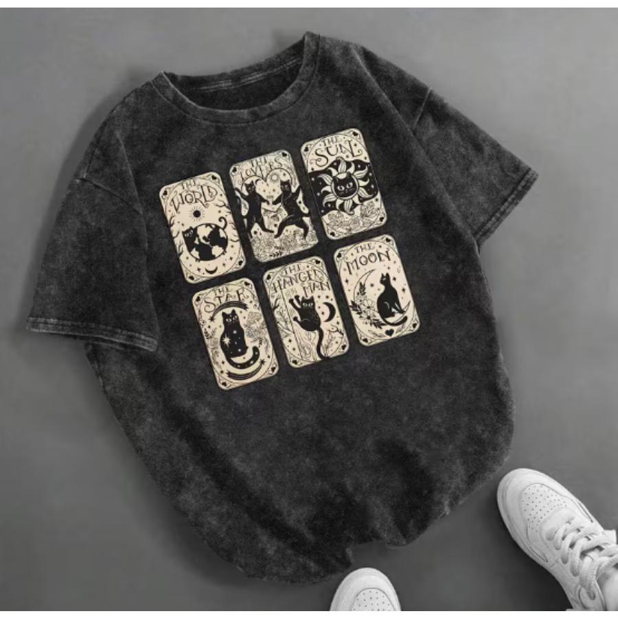 Women's Retro Tarot Black Cat T-shirt Retro Washed Casual T-shirt Mystery Cat Design Round Neck Short Sleeve Top Retro Style Top
