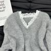 Gray Jumper Knitwear Pullovers Women Autumn Winter Clothing Lace V-neck Casual Sueter Mujer Fashion Knitted Korean Sweater