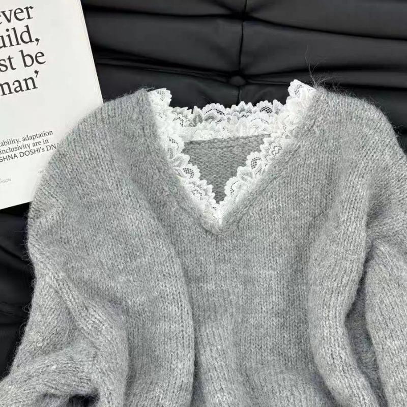 Gray Jumper Knitwear Pullovers Women Autumn Winter Clothing Lace V-neck Casual Sueter Mujer Fashion Knitted Korean Sweater