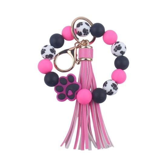 Silicone Beaded Bracelet Keychain Dog Paw Pattern Wrist Keychain with Faux Leather Tassel Charm