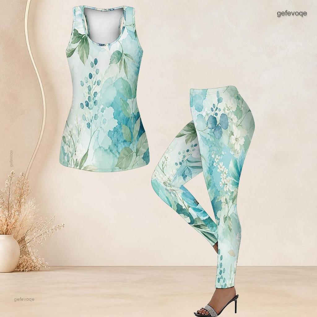 Women Plus Size Scoop Neck Sleeveless Floral Printed Tank Top And Fitted Pants Two Piece Set