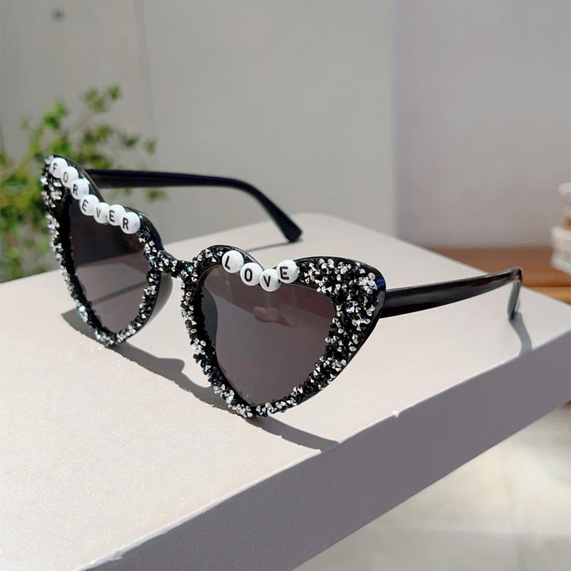 

KAMMPT Trendy Heart Gradient Party Shades Women Crystal Shiny Letter Wedding Sunglasses Oversize Stylish Candy Color Sun Glasses as picture shows