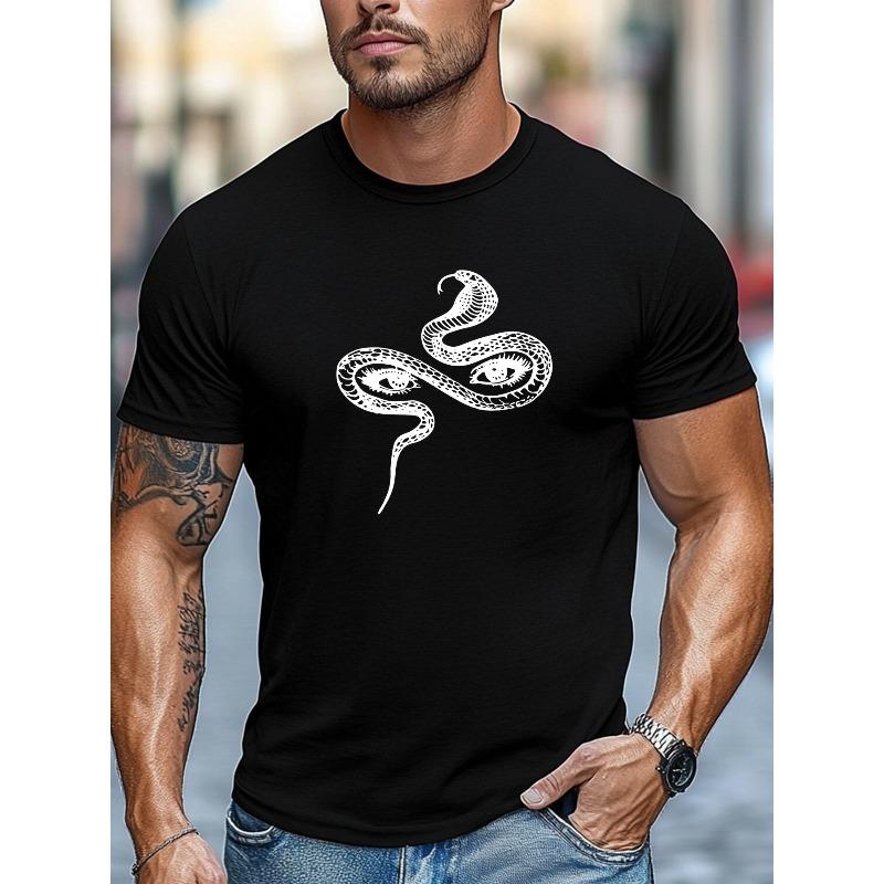 T-shirt da uomo, Vestibilità rilassata e casual, Semplice e pulita, T-shirt estiva casual da uomo con grafica di serpente bianco con occhi, Girocollo, Manica corta