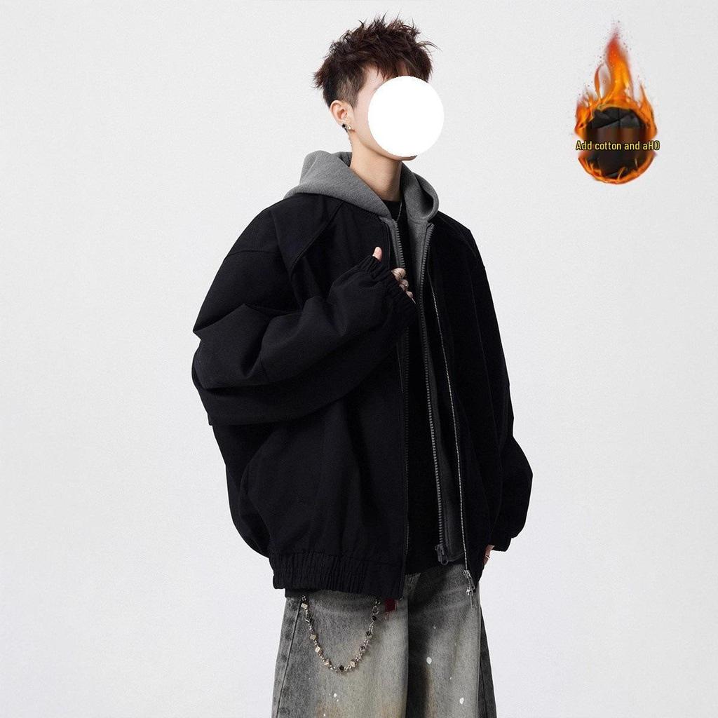 Men's Autumn/Winter Deconstructed Cotton Jacket, Faux Two-Piece, Street Hip-Hop Style, Outdoor Hooded Top
