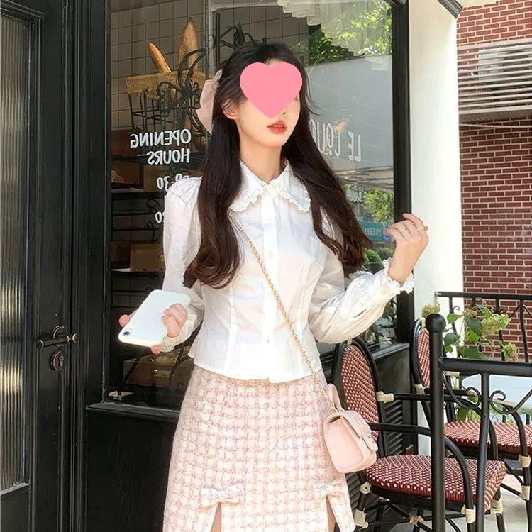 2025 Spring/Autumn Sweet Girly Slim-Fit White Puff Sleeve Top