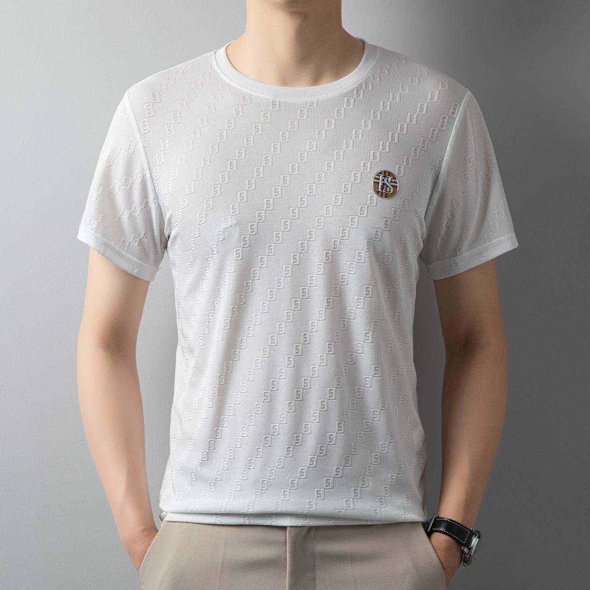 Футболка из ледяного шелка с короткими рукавами, мужская брендовая летняя трендовая футболка Tide, красивый повседневный тонкий жаккардовый топ с темным узором M