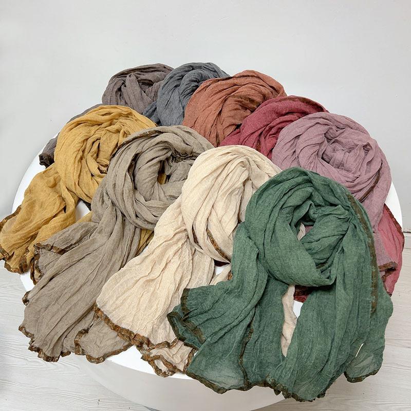 Vintage Cotton Linen Feeling Warm Scarf Solid Color Warm Shawl with Floral Brim Korean Versatile Pleated Autumn and Winter Scarf