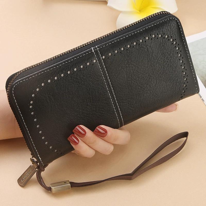 Women Hollow Zipper Wallet Leather Clutch Retro Female Hollow Organ Card Bag Large Capacity Long Mobile Phone Card Holder