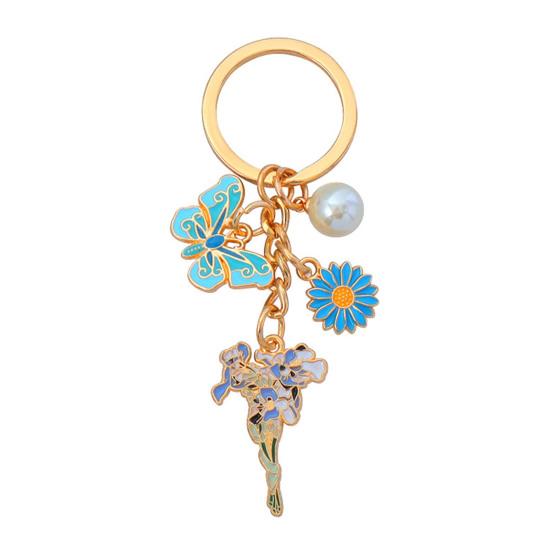 Keychain Pendant with Round Imitation Pearls, Flower Butterfly Enamel Charm Key Ring, Pastoral Style Layered Pendant Charm Key Holder синий