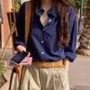 Women Navy Blue Oversized Button Down Pocket Long Sleeve Casual Shirt