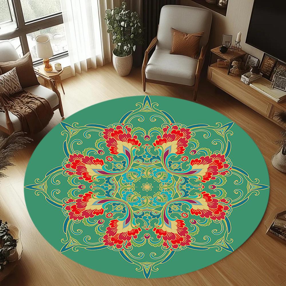 Bohemian Ethnic Style Round Rug Vibrant Geometric Floral Pattern Carpet Soft Non-Slip Circle Mat for Living Room Bedroom