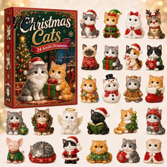 24 Day Christmas Countdown Cat Advent Calendar, with Cute Ornaments, Calendar 2D Acrylic Kitty Holiday Decorations, Gift for Kids, Party