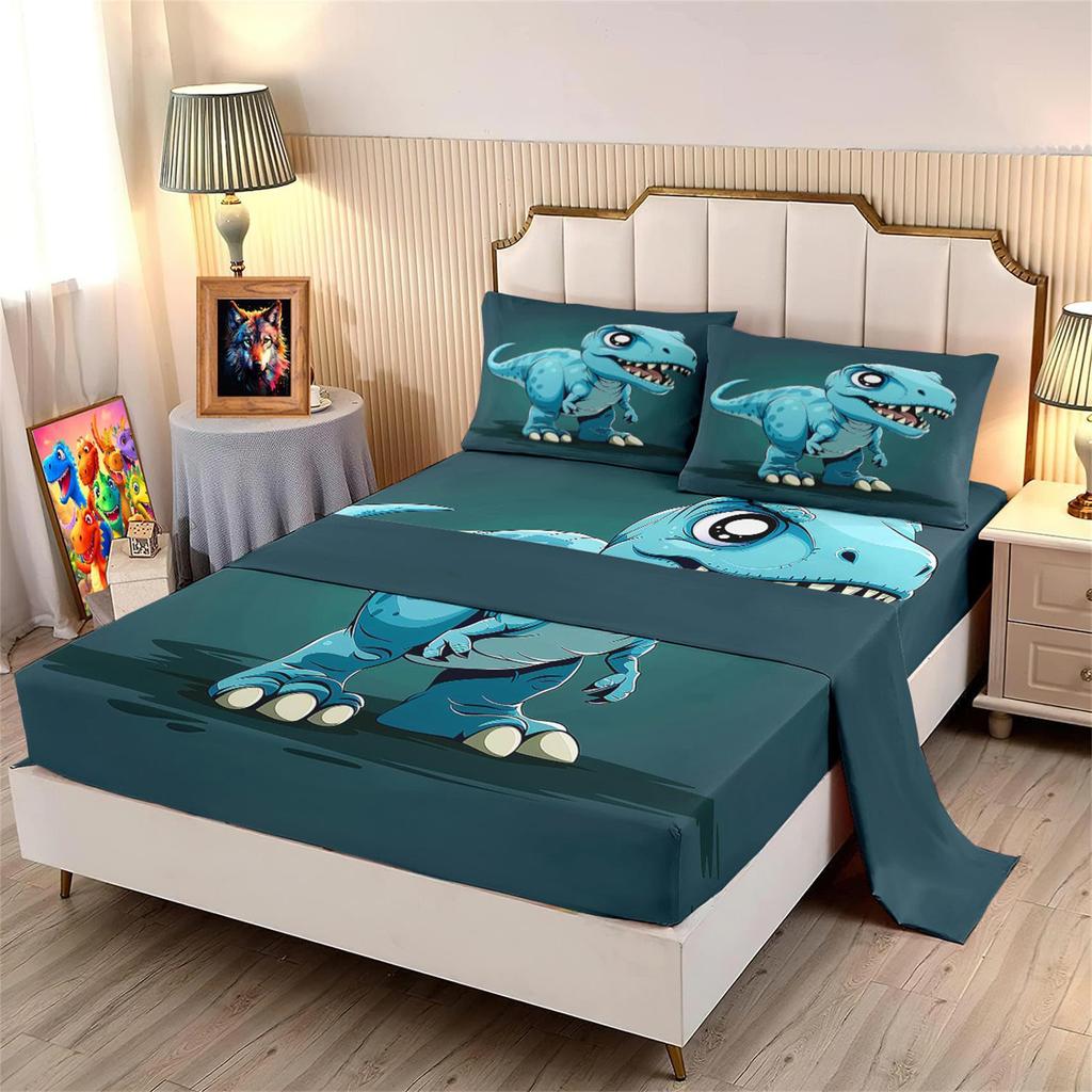 Cartoon Little Dinosaur Pattern Bed Hat Four-Piece Bedding Set Bedroom Dormitory Bedding Decoration