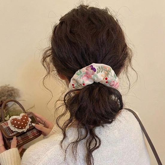 Floral Scrunchies Satin Scrunchies Embroidery Flower Scrunchies Aesthetic Elastic Hair Band No Damage Hair Ties Blossom Ponytail Holders for Women