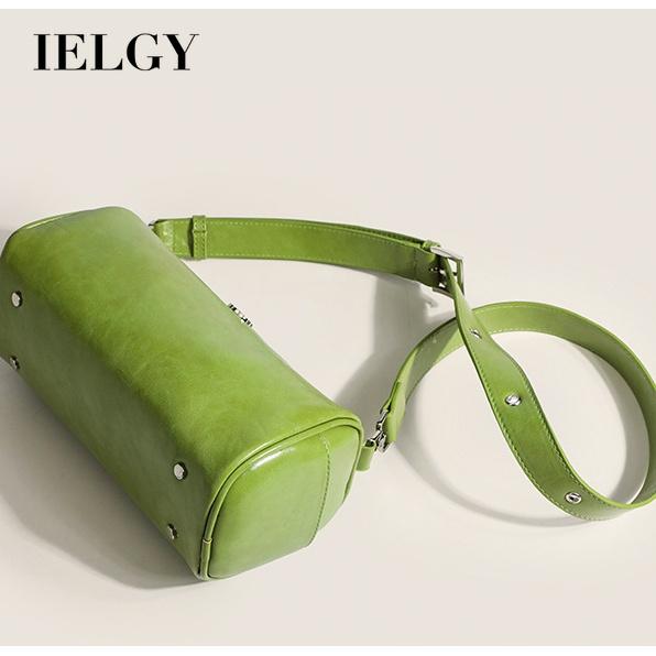 IELGY simple oil wax leather solid color cylindrical women's bag, versatile soft surface small round bag, shoulder messenger bag