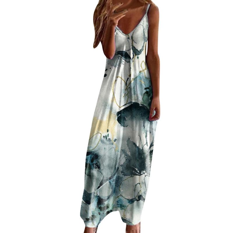 Women's Plus Size V-Neck Spaghetti Strap Long Dress - European & American Style