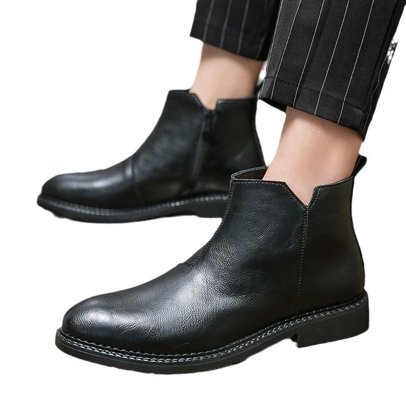 Large Size Autumn and Winter New Velvet Leather Boots Fashionable Men's High-top Leather Shoes Trendy Warm Casual Leather Shoes Cotton Shoes