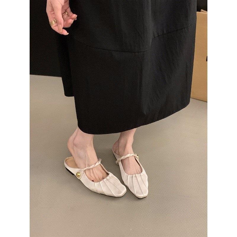 Flat bottom pleated temperament bag head half slippers women's shoes outer wear 2025 summer with skirt Mary Jane half tray single shoes
