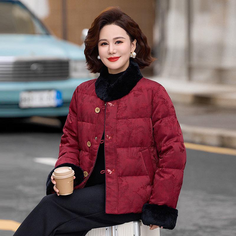 Plus-Thick Cotton-Padded Winter Jacket for Middle-Aged and Elderly Women with Stand-Up Collar