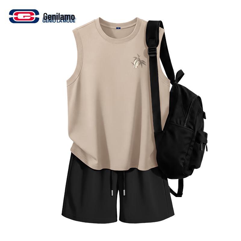 GENIOLAMODE Men s Chinese Style Bamboo Leaf Vest & Shorts Set 3XL