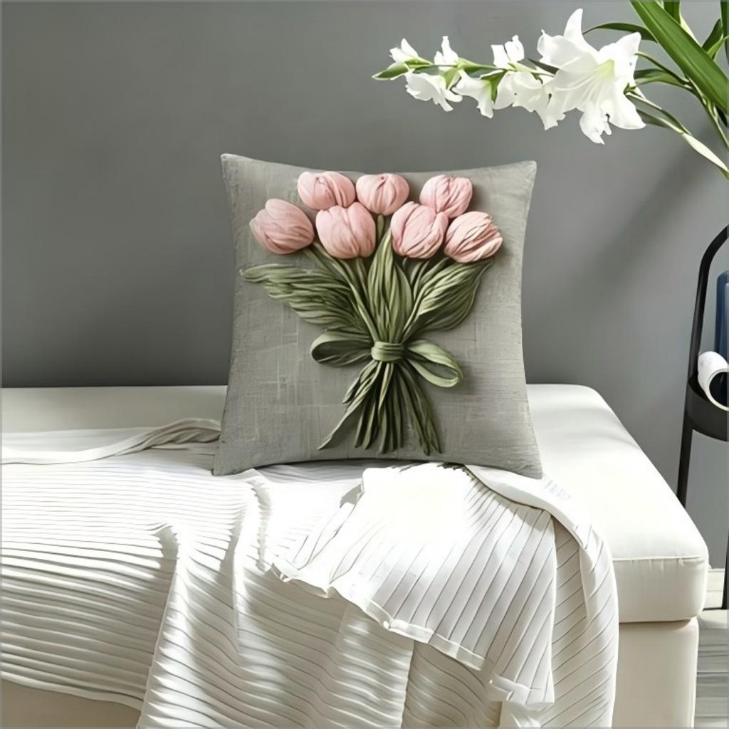 Pink Tulip Bouquet Pillow Cover 2D Faux Embroidery Print Vintage Floral Cushion Case For Sofa Bed Couch Elegant Home Decor