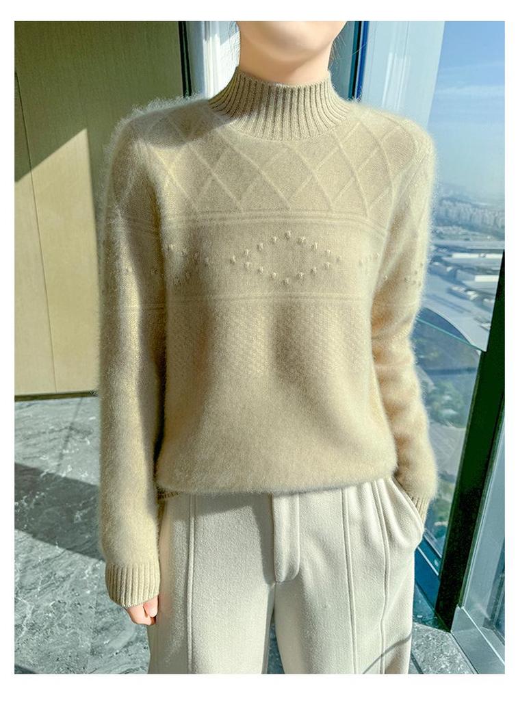 2024 Autumn/Winter Women's Wool Sweater: Thickened, Half-High Collar, Cable Knit, Loose Fit