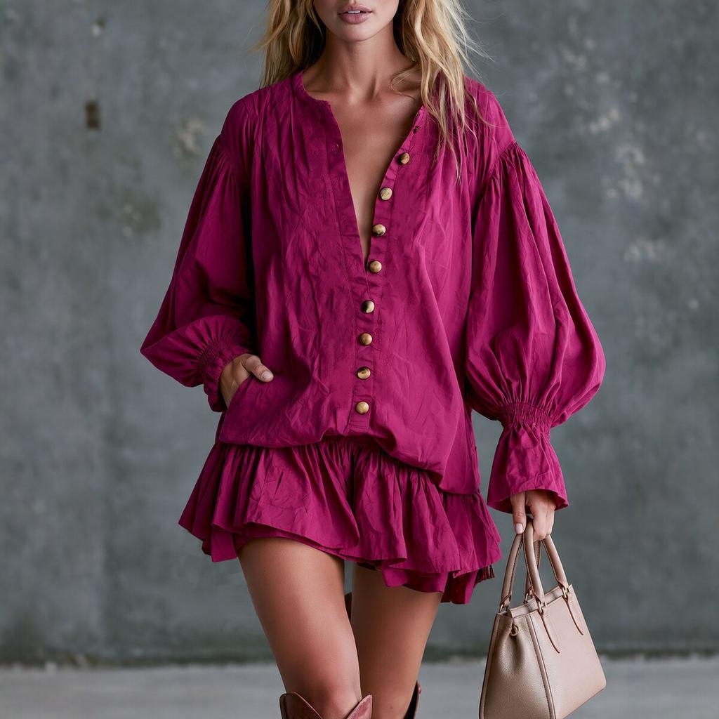 European and American new V-neck lantern sleeve ruffle edge dress women's long-sleeved casual vacation style solid color dress