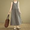 Real shot summer new literary loose cotton and linen plaid sleeveless dress women's vest skirt