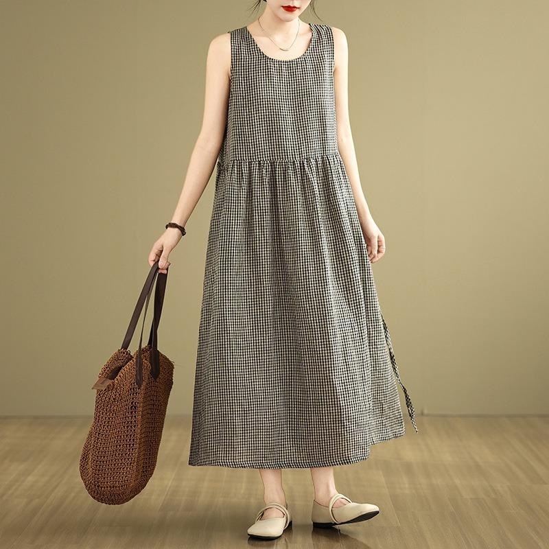 Real shot summer new literary loose cotton and linen plaid sleeveless dress women's vest skirt