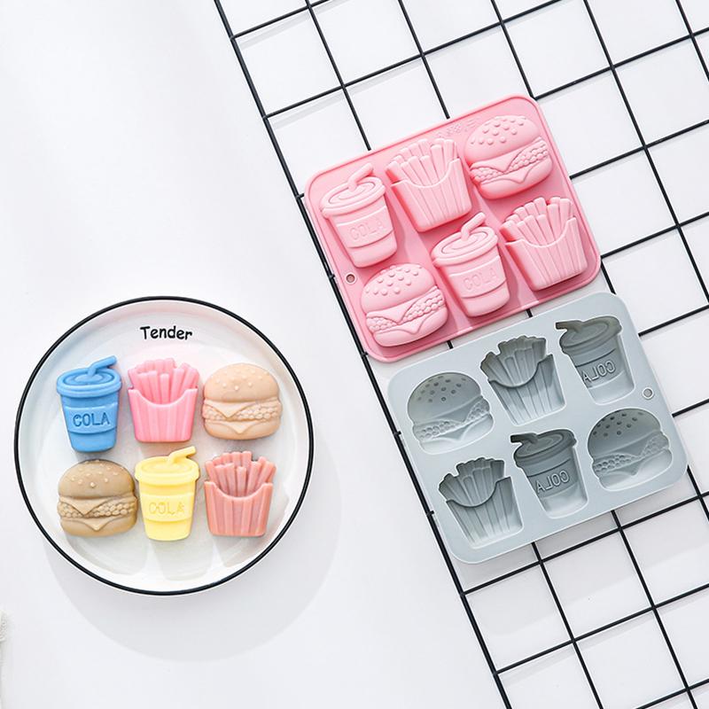 6-Loch Burger Pommes Cola Silikonform Fondant Süßigkeiten Schokolade Form Seife Gelee Epoxidharz Form Kuchen Dekoration Werkzeuge