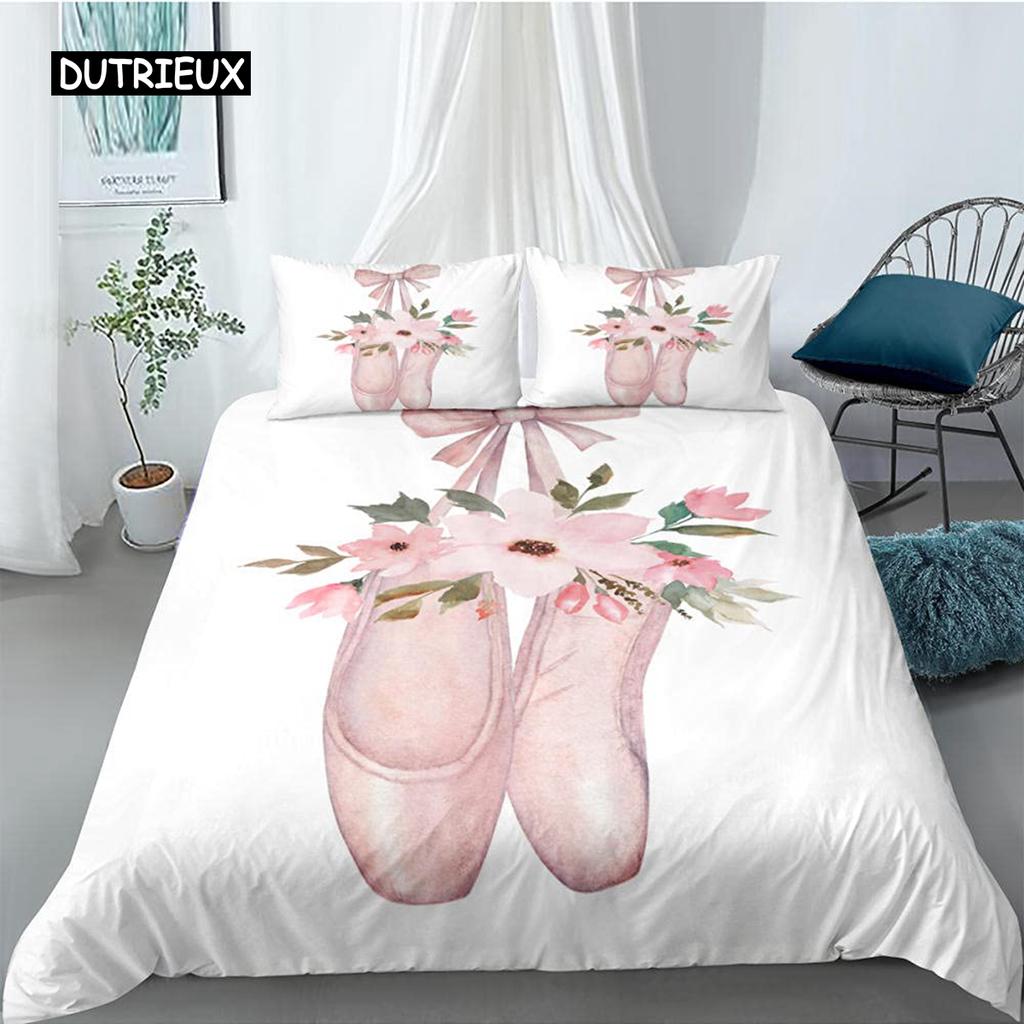 Ballet Duvet Cover Set King Microfiber Ballet Accessory Shoes Dress Bedding Set for Girls Rose Leaves Summer Style Quilt Cover