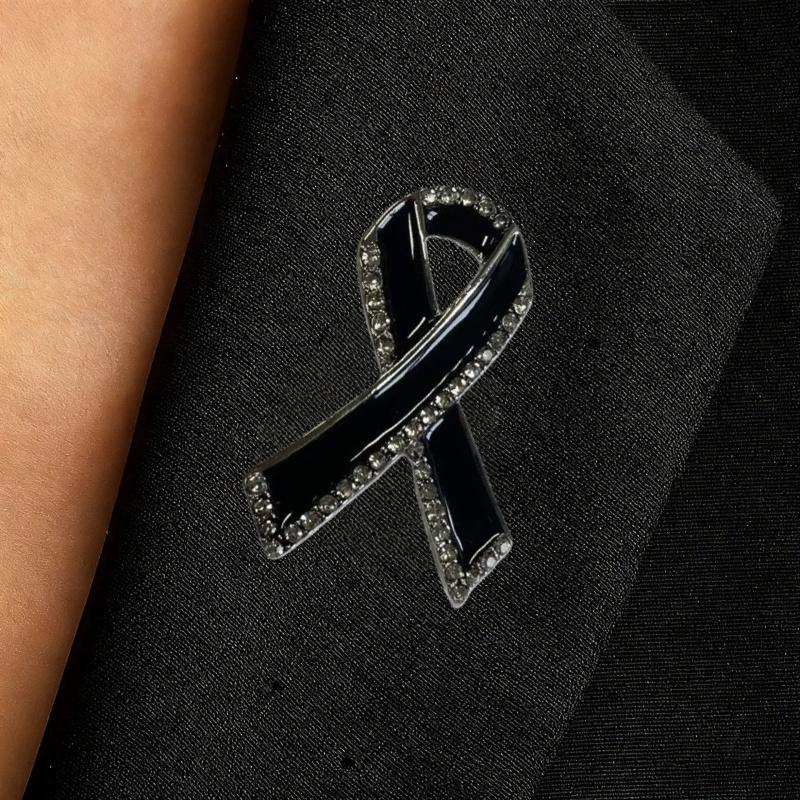 Black Rhinestones Ribbon Brooch Memorial Funeral Pin Mourning Badge Unisex Suit Shirt Clothing Decoration Accessories