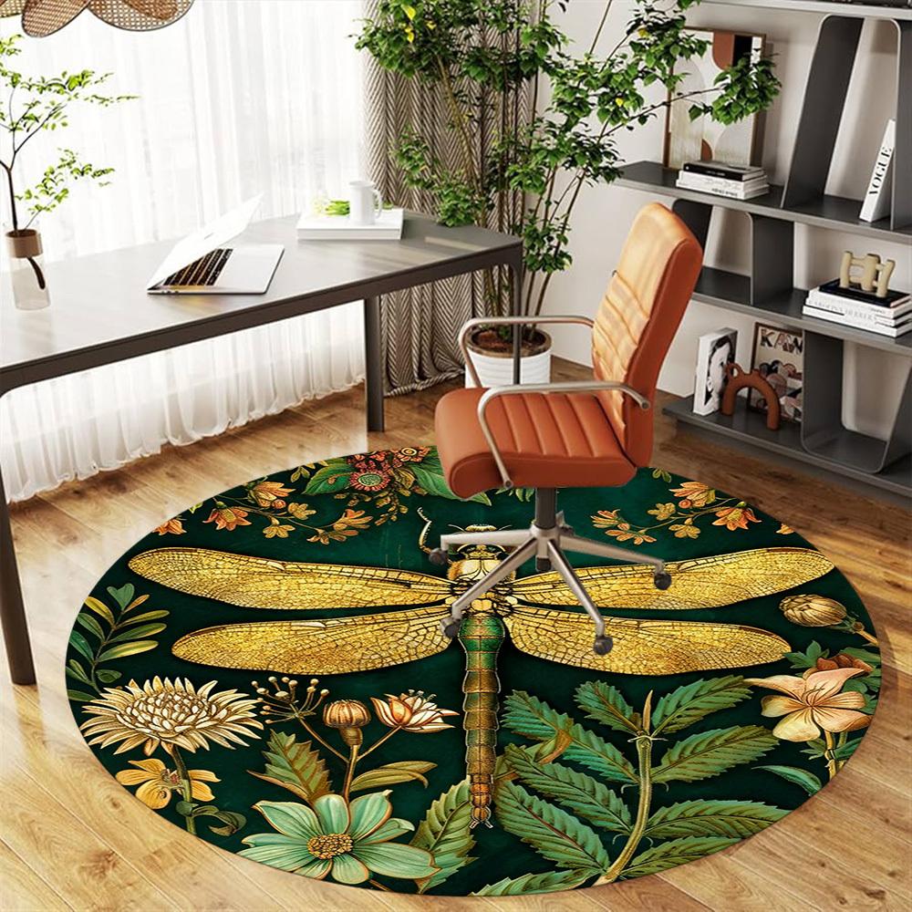 1PC Dragonfly Flowers Office Round Area Rug, Under Office Chairs Bedroom Living Room Home Decor, Carpet for Office -1110038