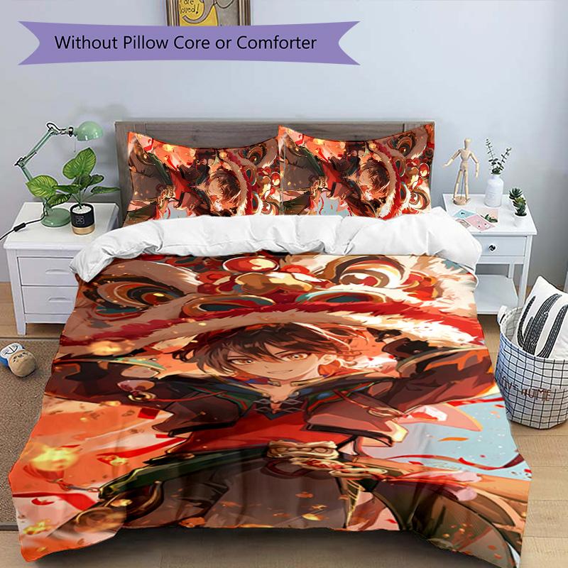 3pcs Genshin Impact characters7 pattern bedding set duvet cover set includes duvet cover &pillowcases, perfect all season bedroom decoration & gift