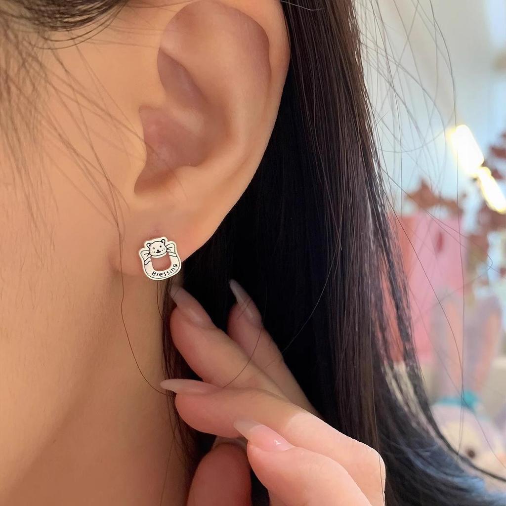 Christmas Gingerbread Man & Bear Stud Earrings - S925 Silver Needle Retro Distressed Style for Women