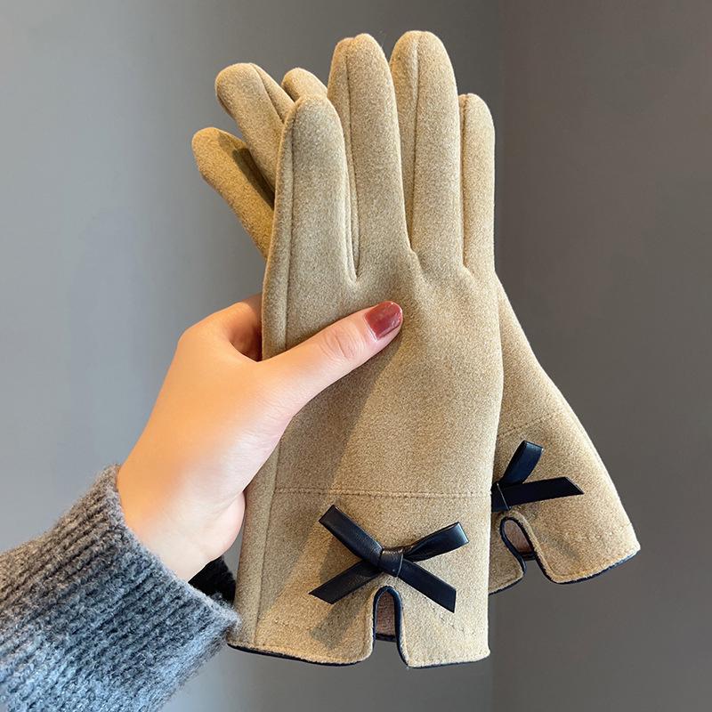 Winter Women Lovely Gloves Girl Fashion Wrist Bow Youth Students Full Finger Cycling Keep Warm Touch Screen Mittens Female