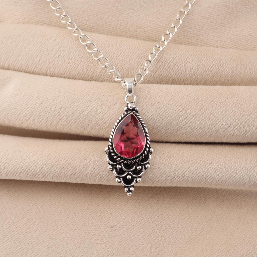 Pink Tourmaline Gemstone 925 Sterling Silver Designer Pendant 1.5" Gift For Mother PP-70-12